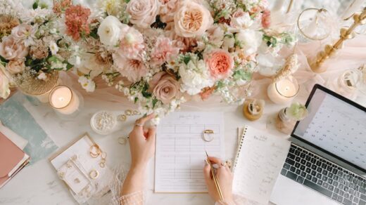 Bride and groom happily planning their wedding timeline with a checklist, flowers, and laptop on the table.