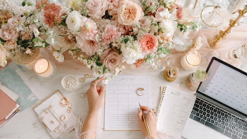 Bride and groom happily planning their wedding timeline with a checklist, flowers, and laptop on the table.
